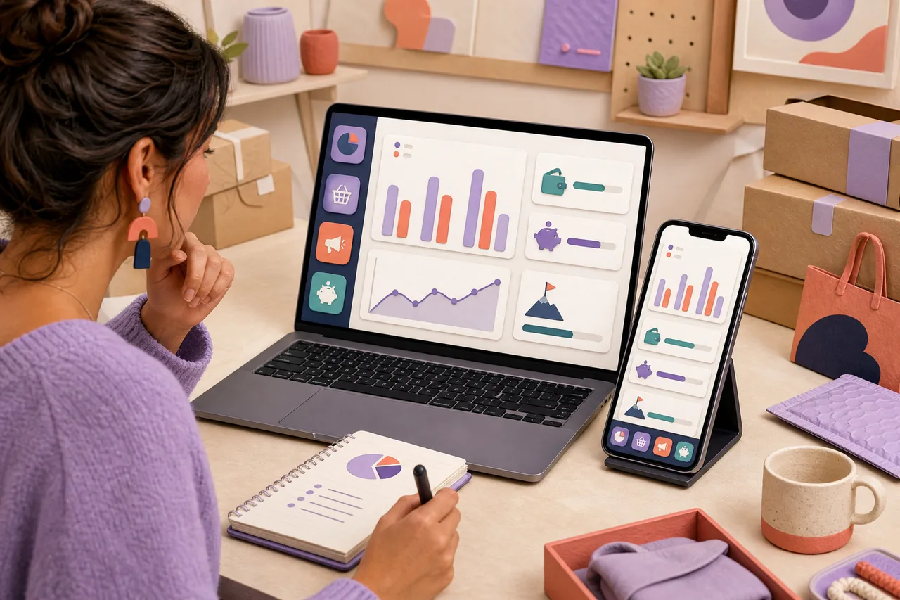 Small business owner reviewing planned and actual spending in an AI budget planner