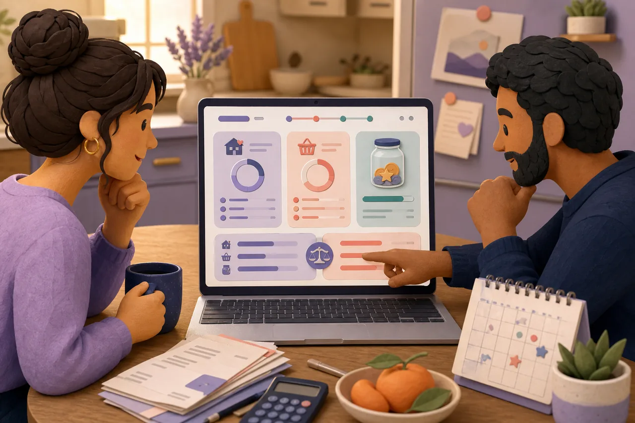 Household reviewing spending categories and a savings goal in an AI budget planner