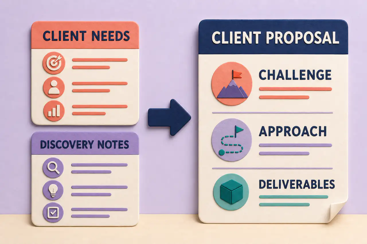 Client needs and discovery notes transformed into a proposal covering the challenge, approach, and deliverables
