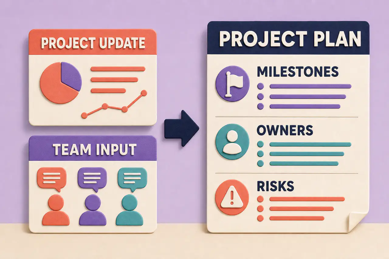 Project update and team input transformed into a project plan with milestones, owners, and risks