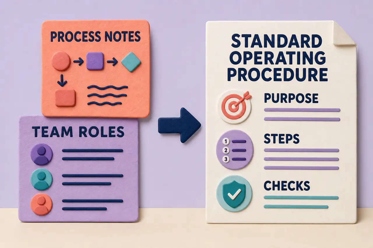 Process notes and team roles transformed into a standard operating procedure with purpose, steps, and checks