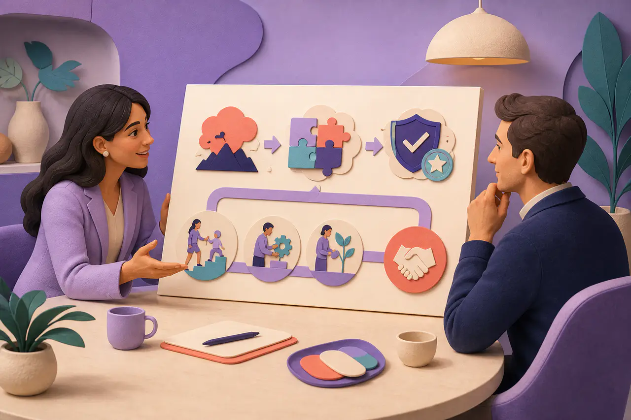 Consultant discussing a customer-focused sales pitch deck