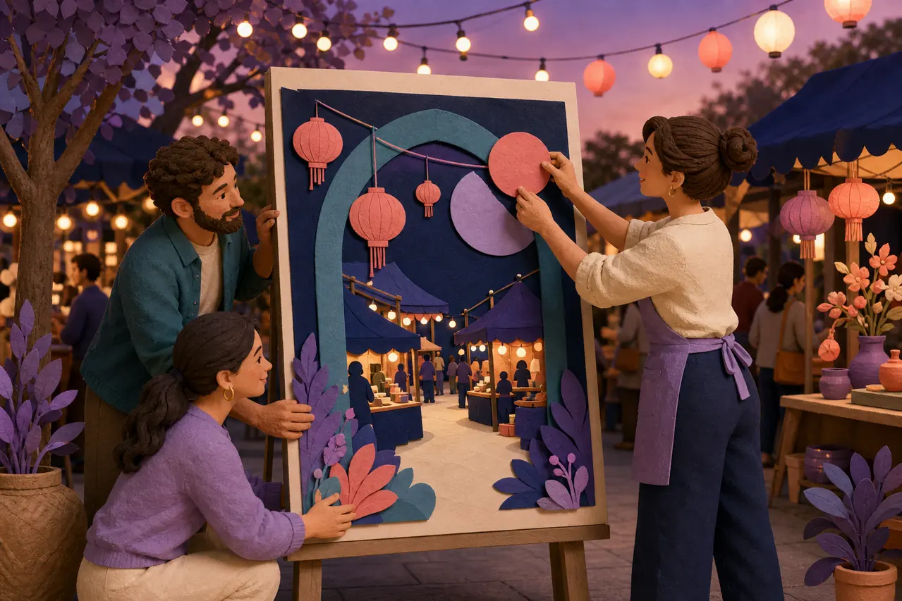 Event organizer creating a colorful poster concept for a community night market