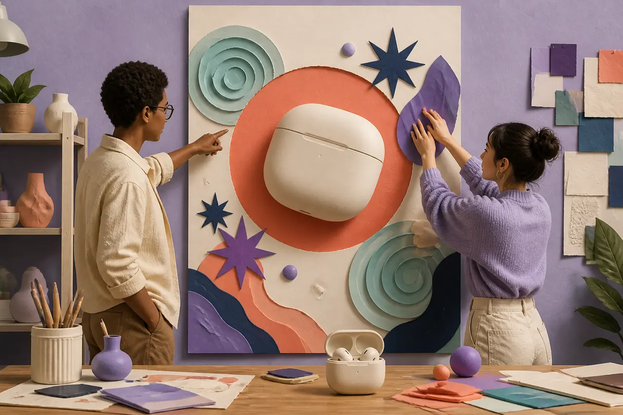 Small business owner creating a product launch poster with a striking central product