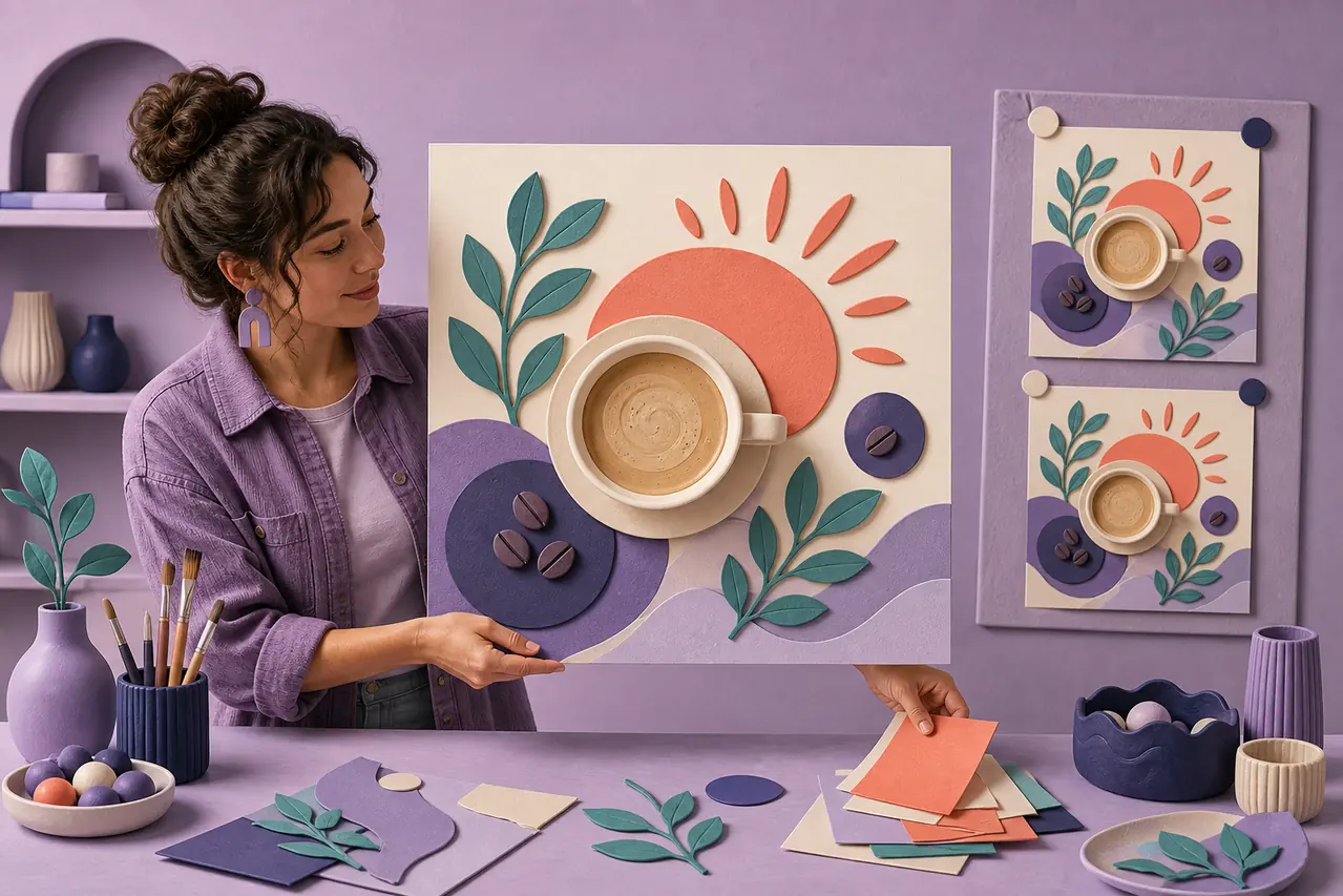 Content creator preparing a colorful square poster for a social media campaign