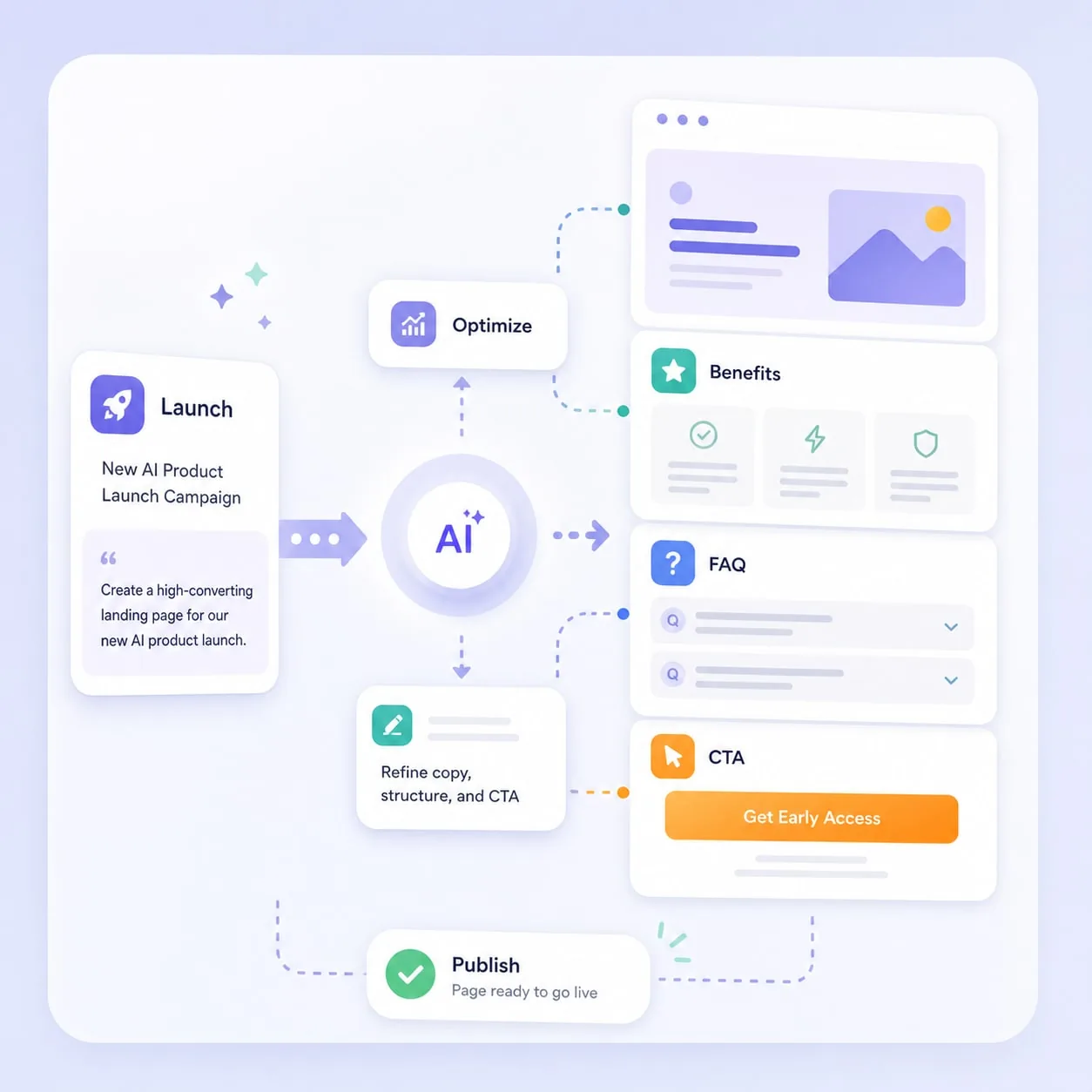 AI landing page builder creating a marketing page