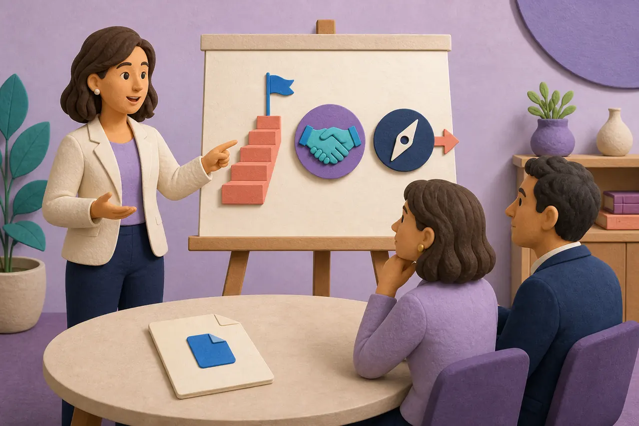 Consultant presenting a proposal sourced from a DOC file to a client team
