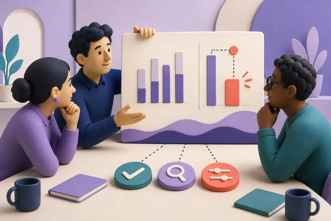 Team reviewing a highlighted data change and possible next actions