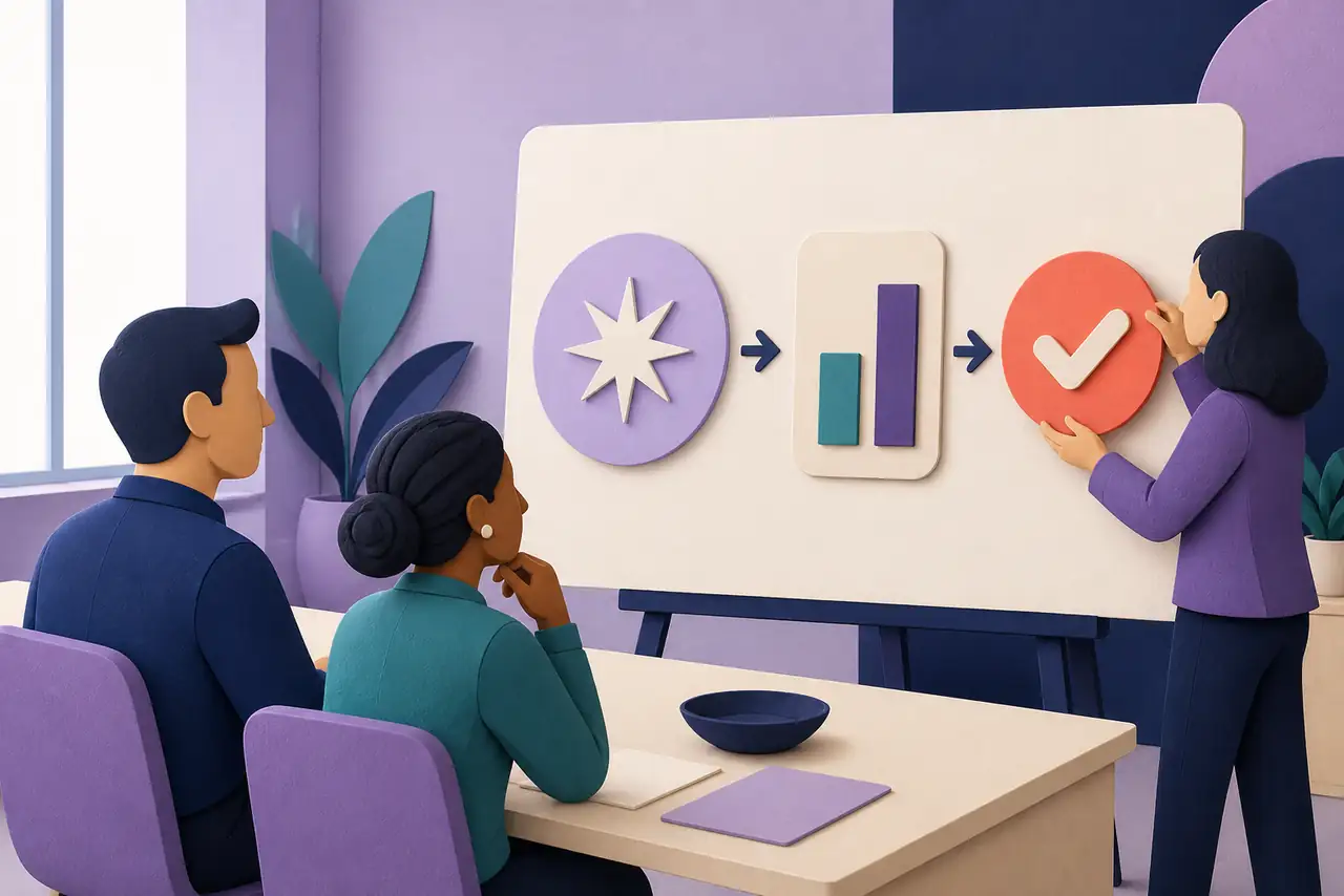 Team organizing data findings into a clear meeting narrative
