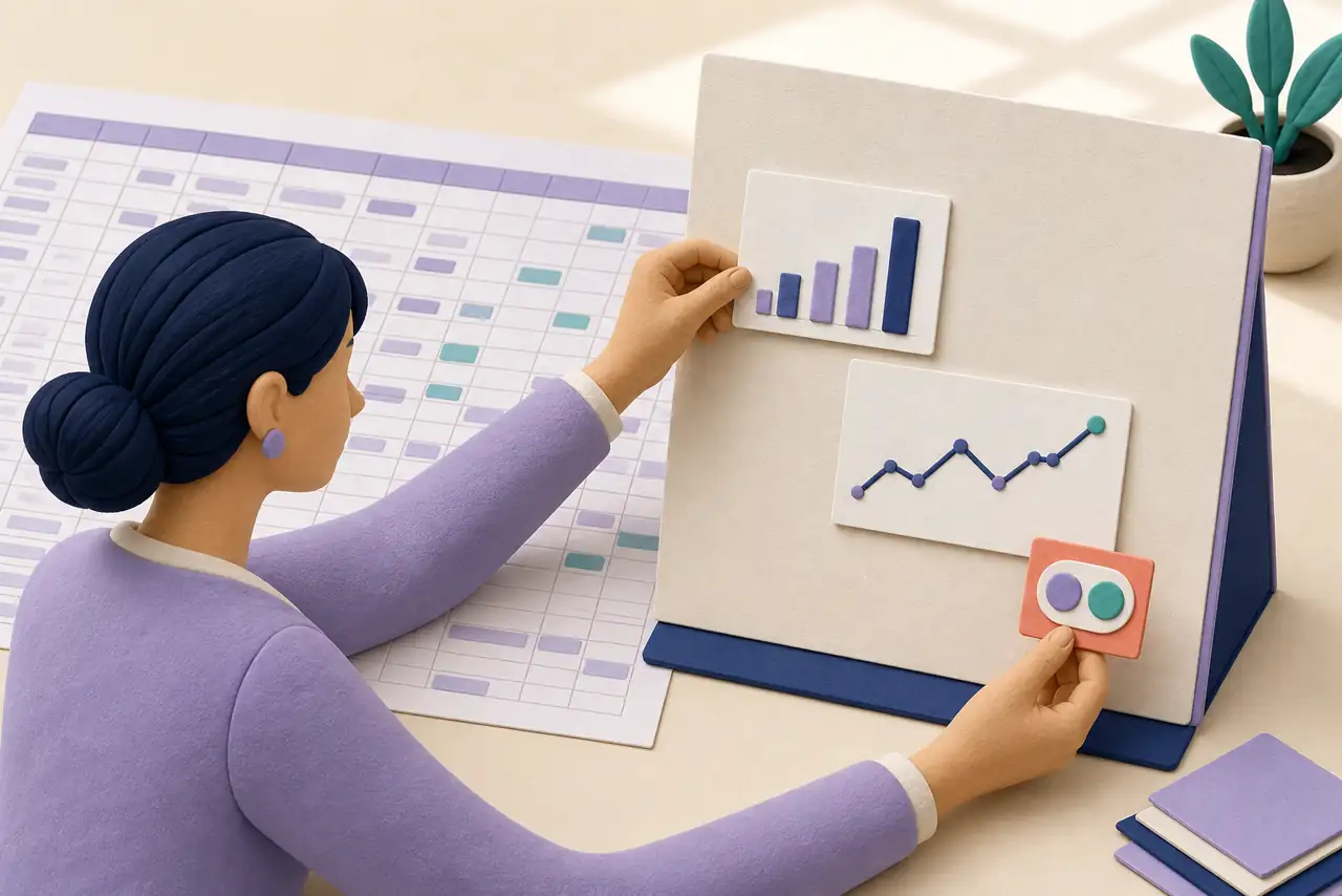 Analyst selecting charts and comparisons from a spreadsheet for a presentation