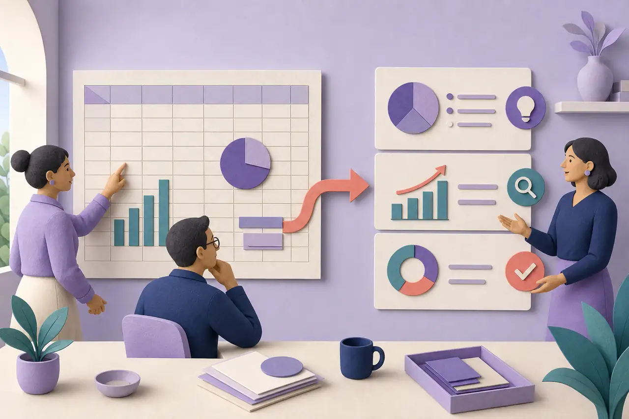 Team turning spreadsheet data into a clear presentation for a decision meeting
