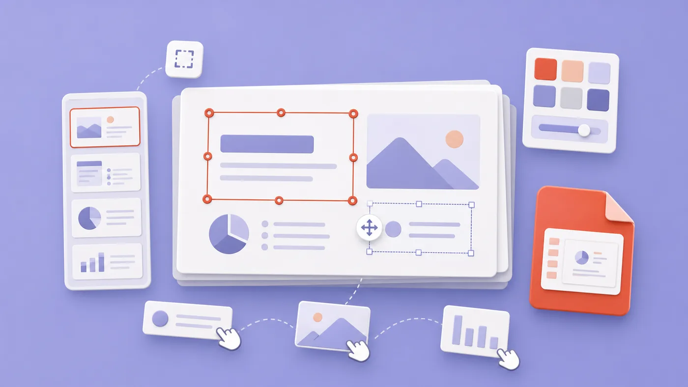 Soft illustration of an editable presentation deck with movable slide elements