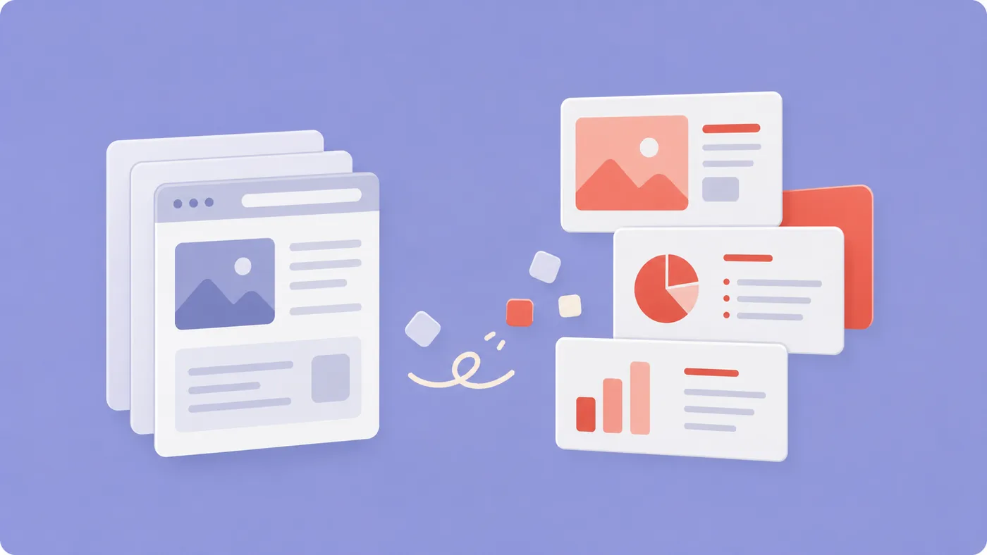 Soft illustration of HTML content cards being reorganized into presentation slides