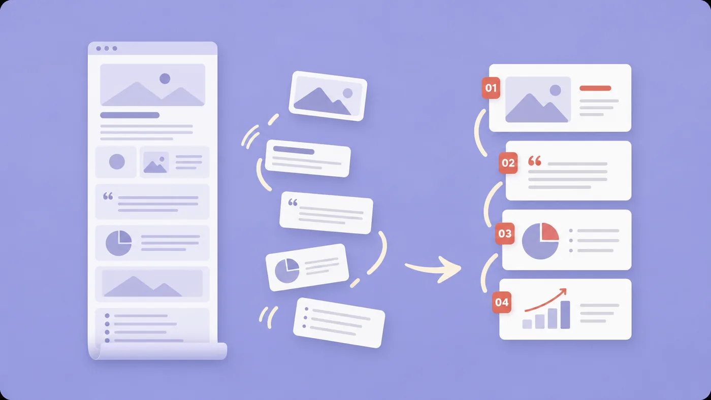Soft illustration of long webpage content becoming a clear slide sequence