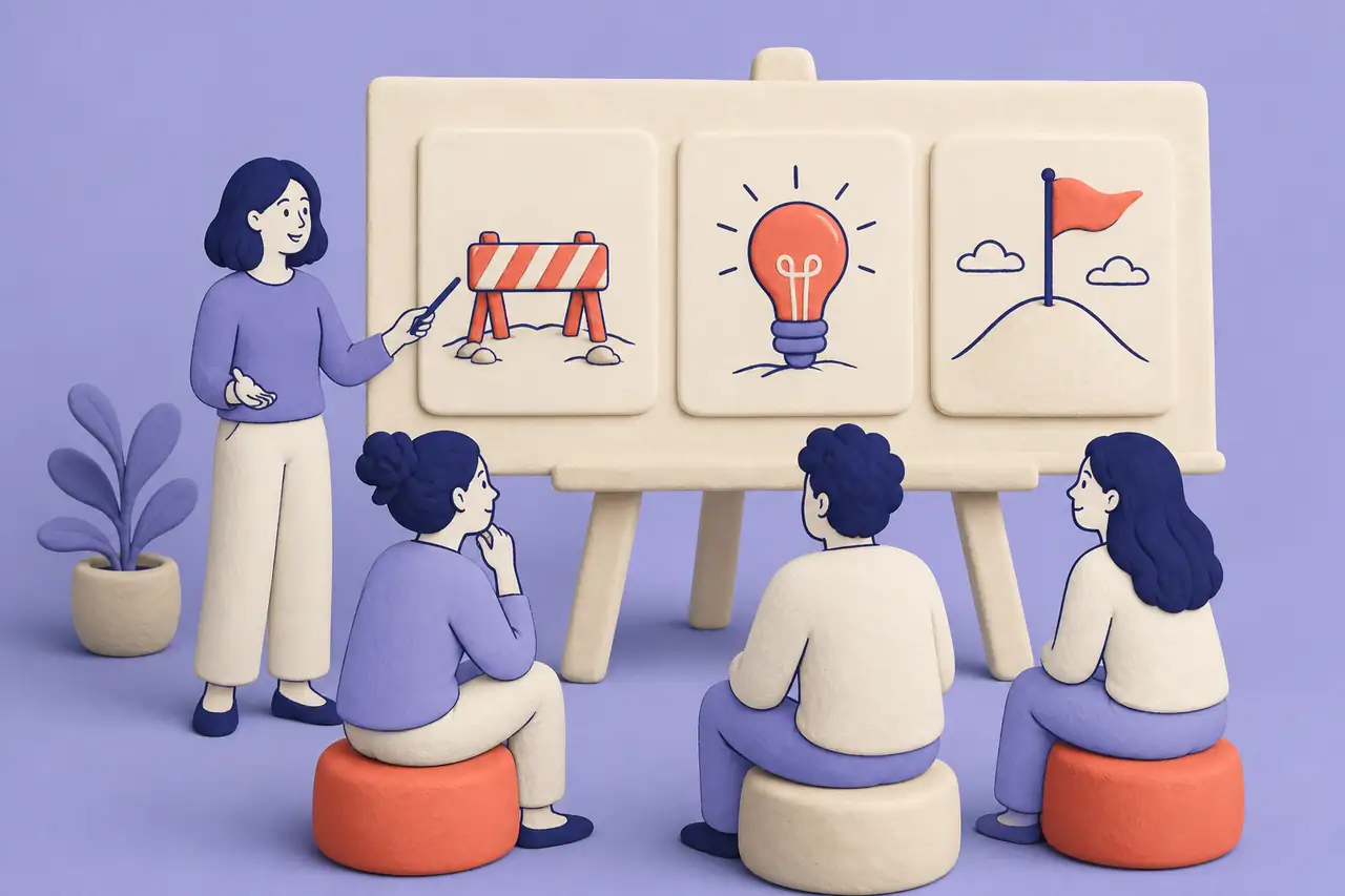 Presenter guiding an audience through a clear visual presentation narrative