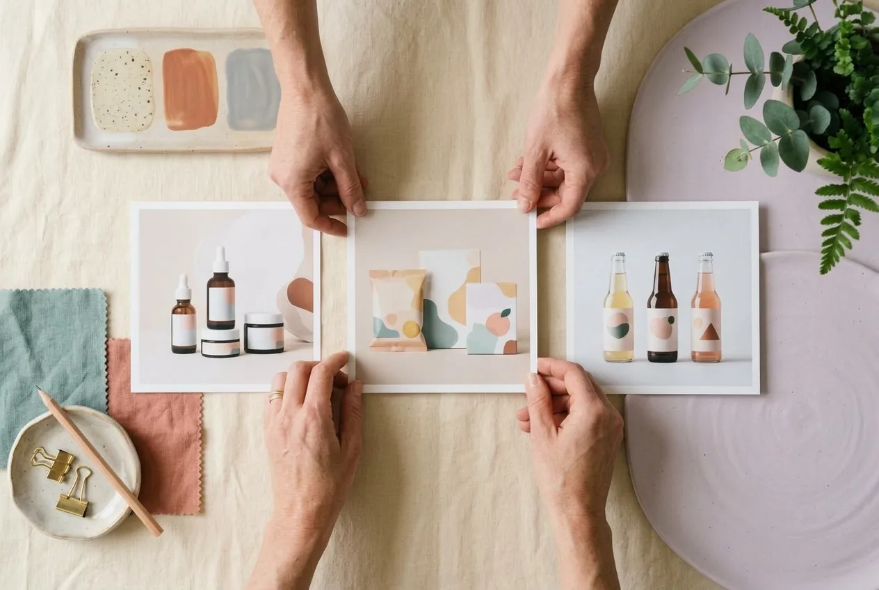 Market strategist hands curating and comparing competitor product packaging studies