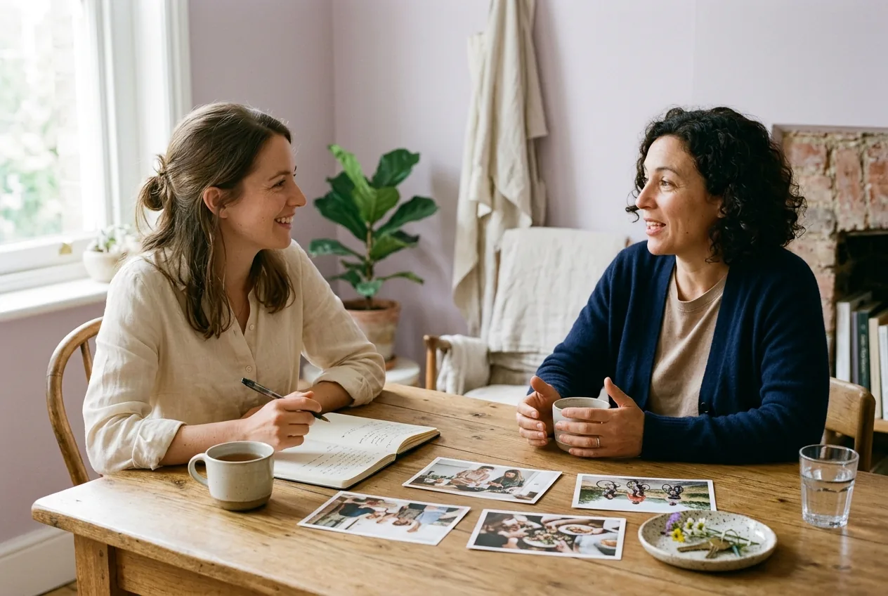 Market researcher conducting an in-depth customer feedback interview across a studio desk