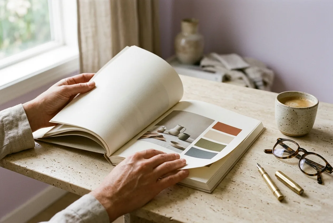 Strategist reviewing an open printed market research brief and color framework