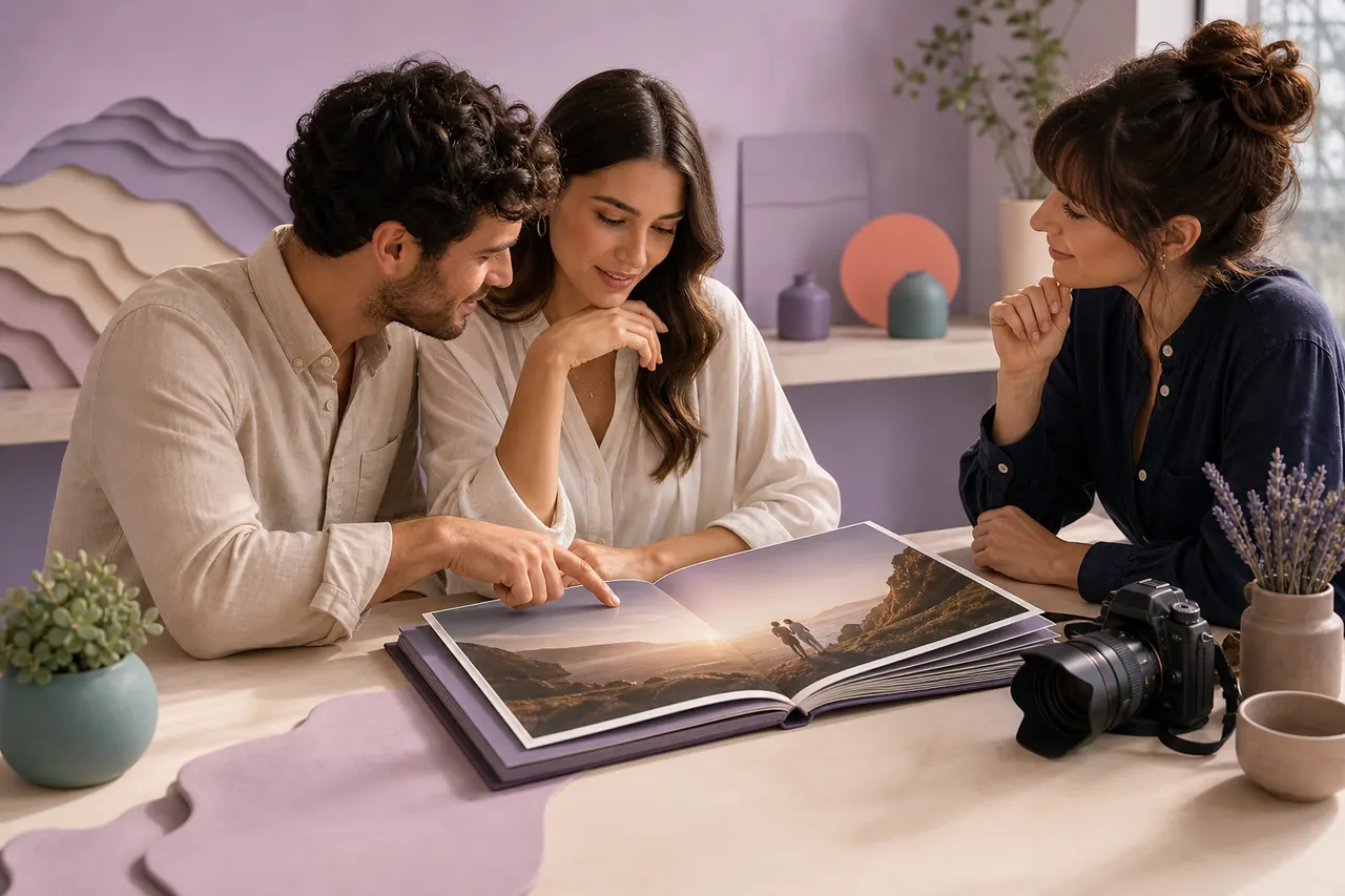Couple discussing a photography portfolio with a photographer
