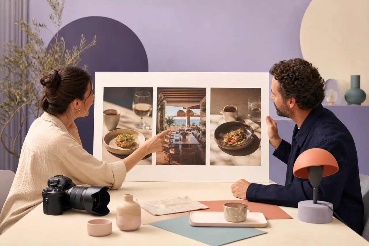 Photographer and client reviewing a commercial hospitality photography project
