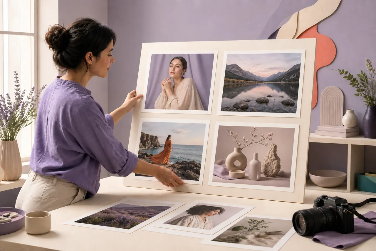 Photographer curating selected photographs into a professional portfolio