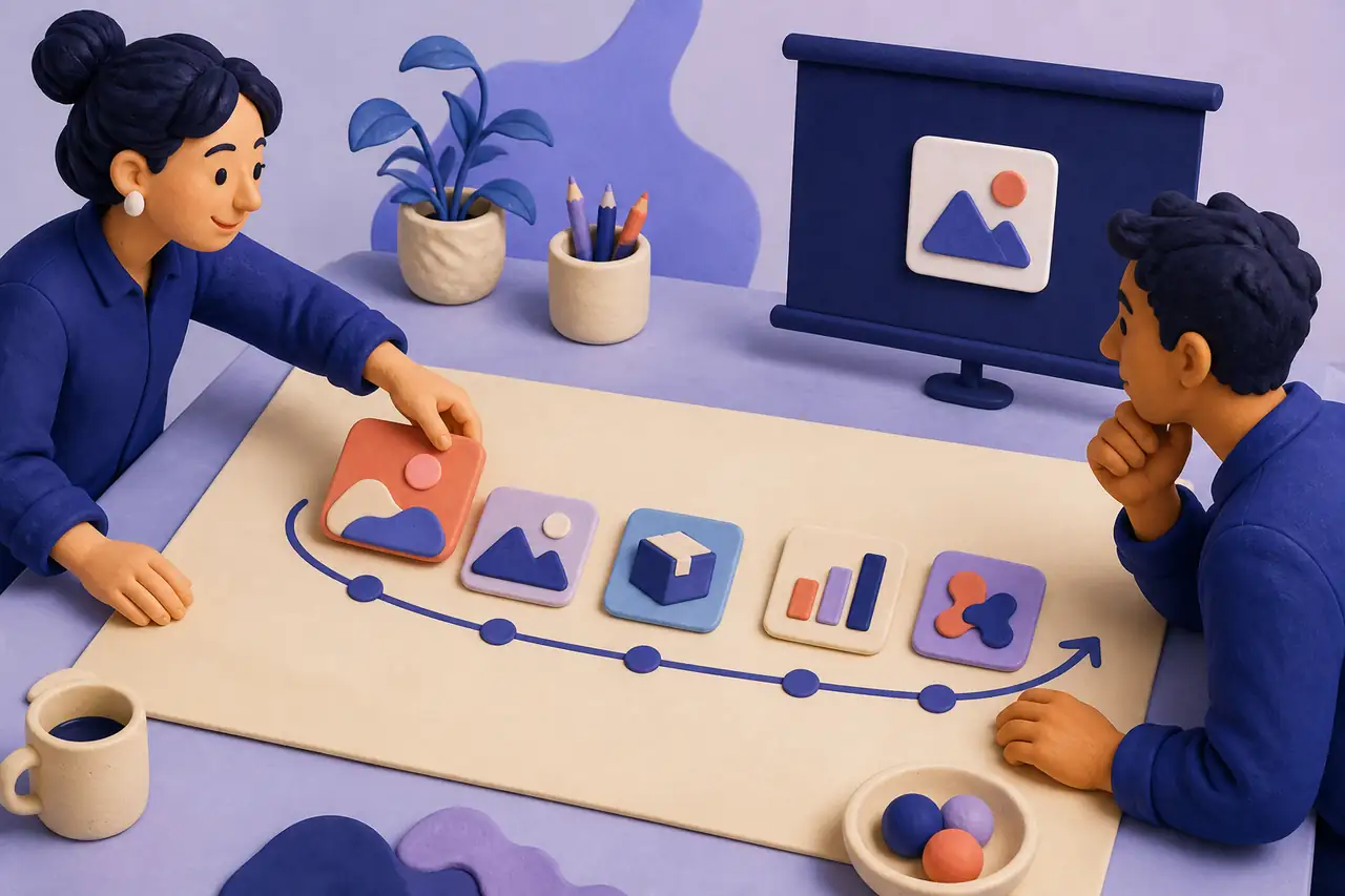 Two collaborators arranging visual assets into a presentation sequence