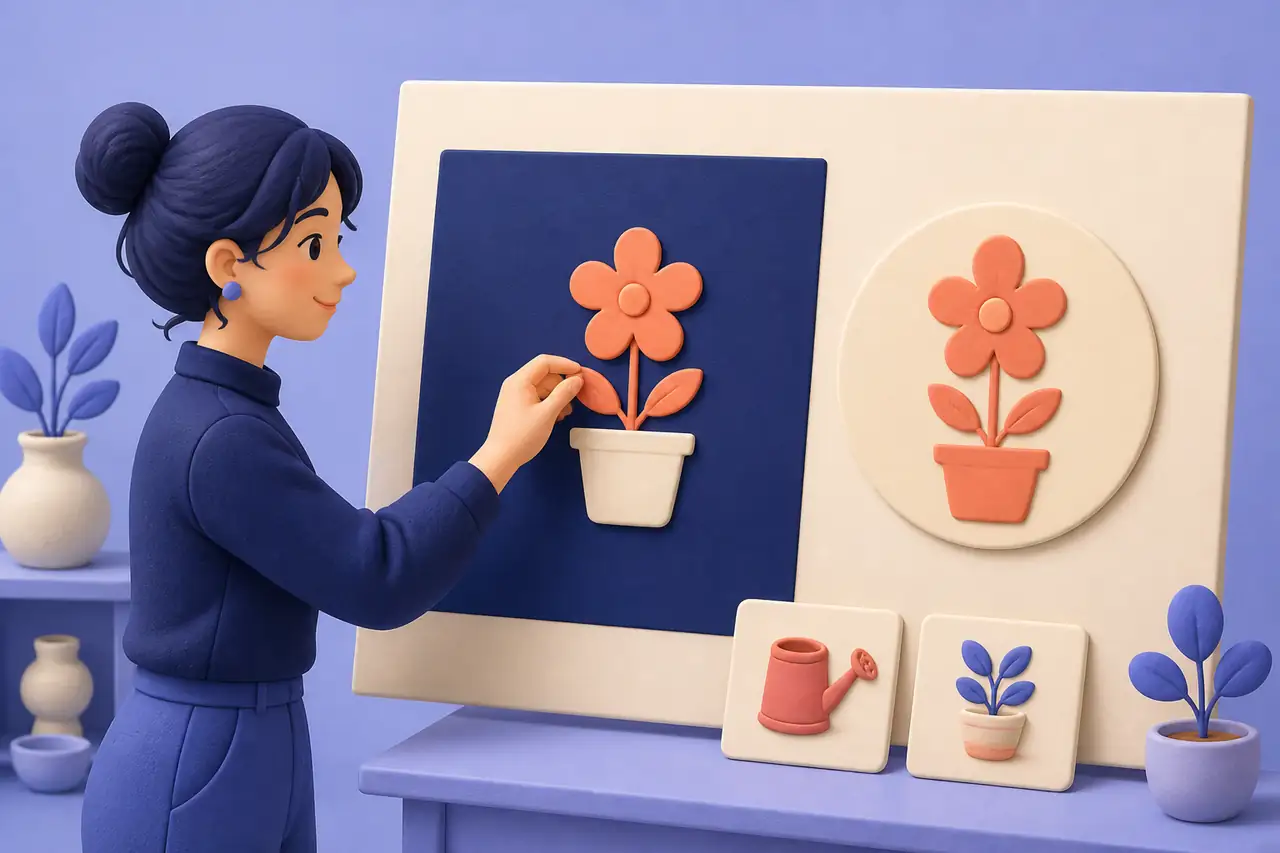 Designer placing a transparent visual asset onto a presentation slide