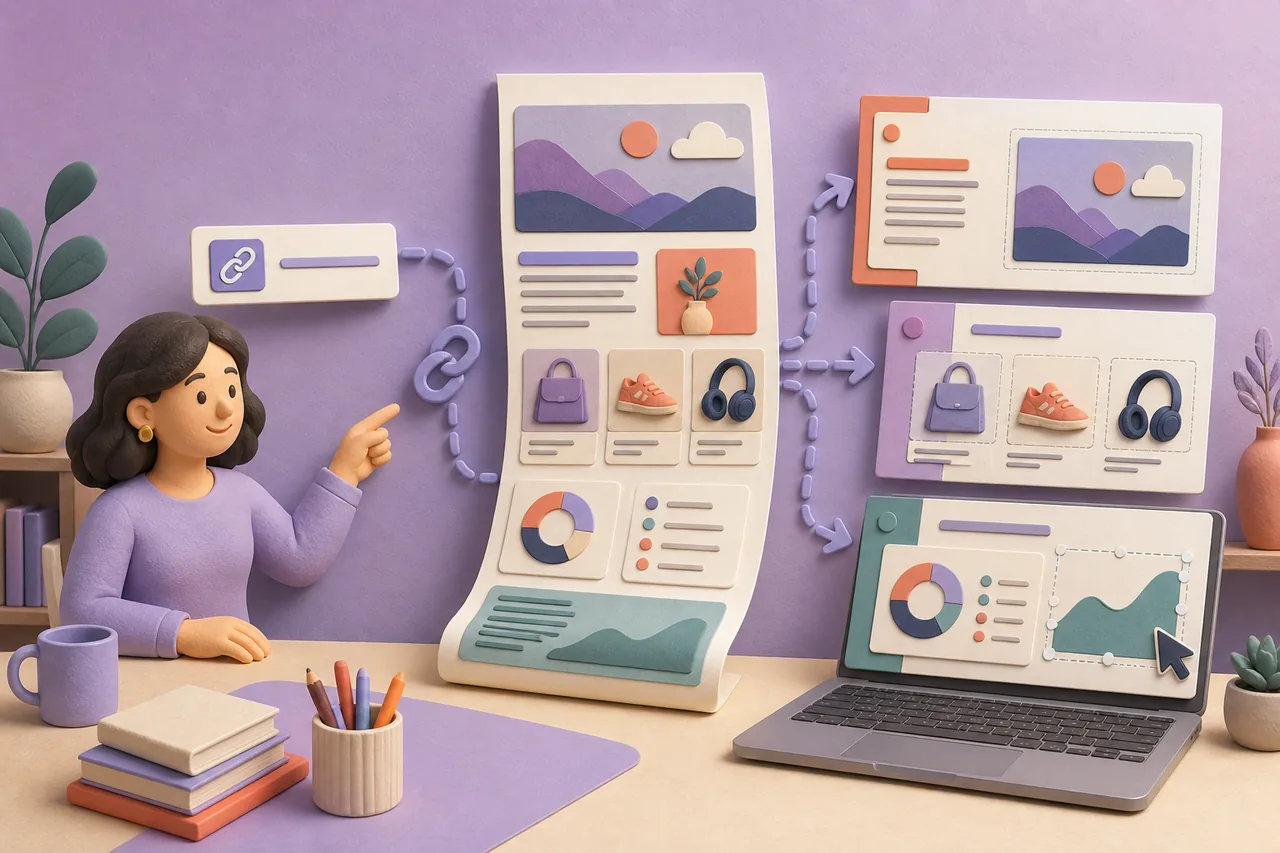 Webpage content being selected and organized into editable presentation slides