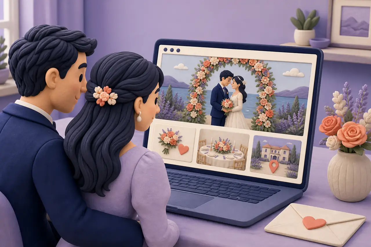 Couple viewing a wedding invitation website with celebration details